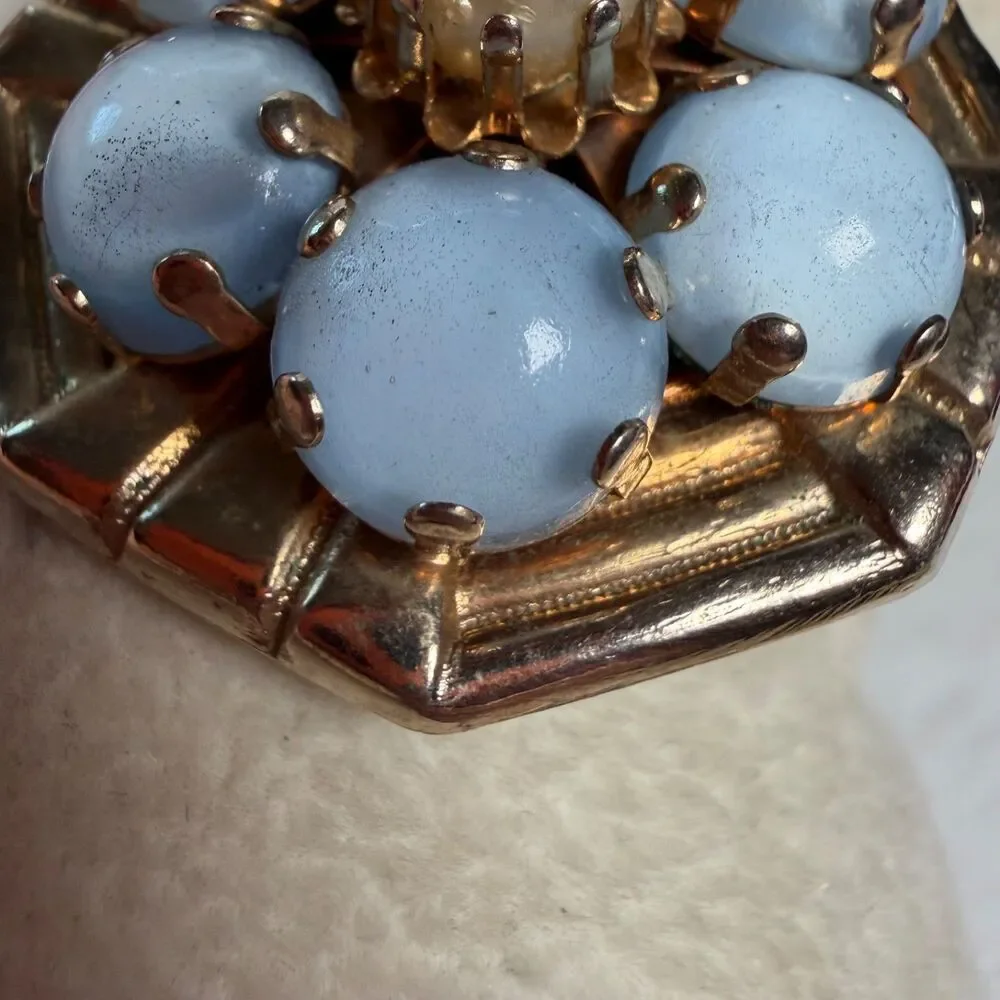 Vintage Gold Tone Blue Cabochon Faux Pearl Flower Brooch Pin Art Deco Revival 1